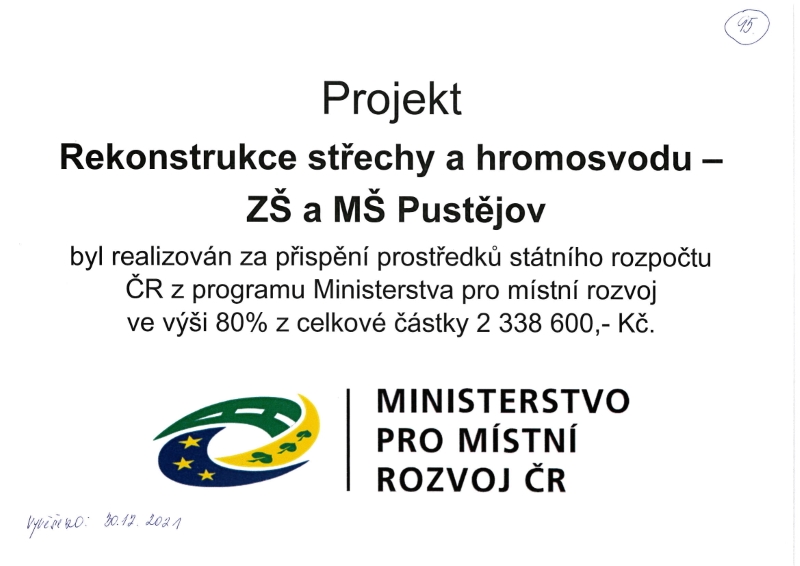 Cedule Rekonstrukce střechy ZŠ